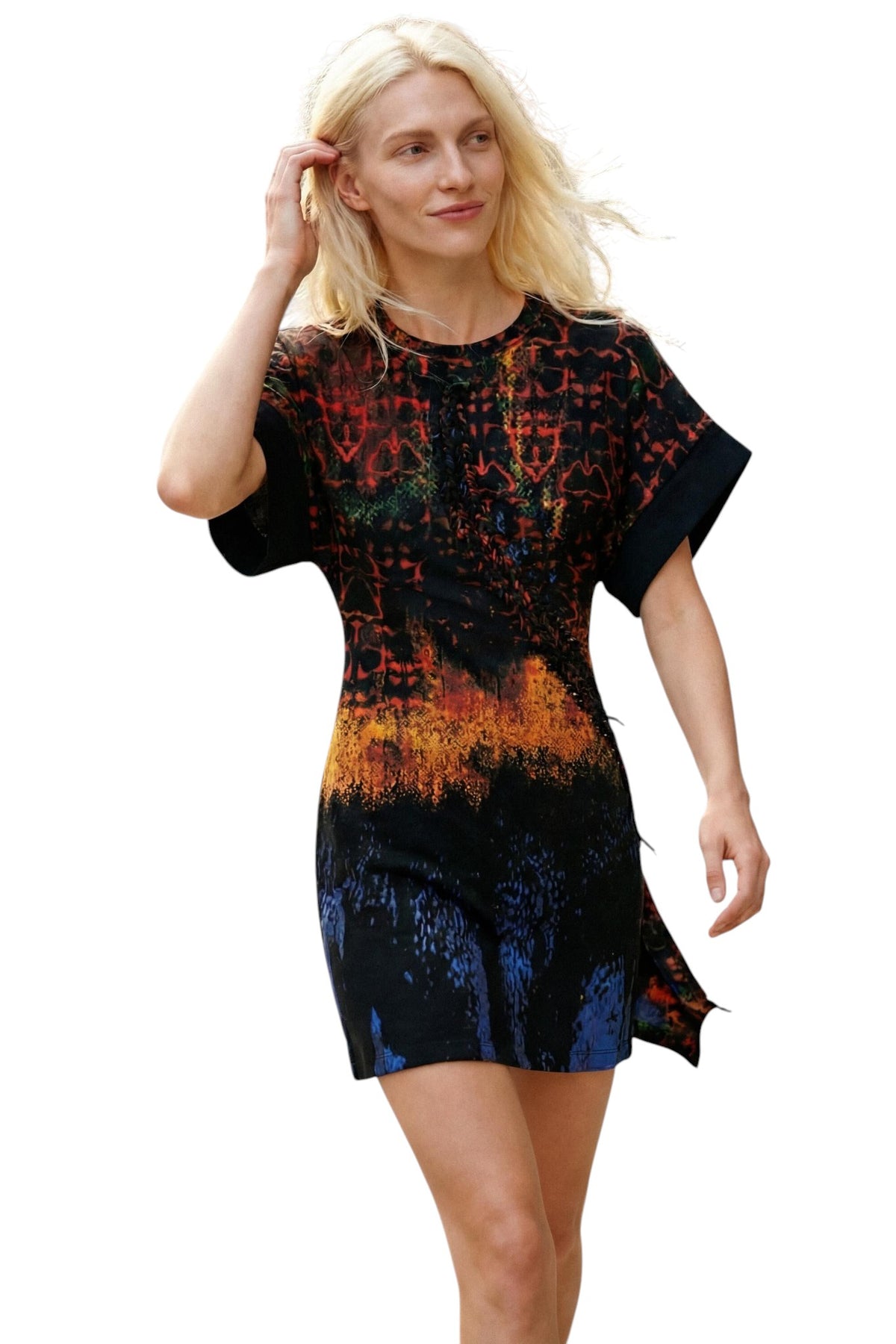 Desigual Short dress with wide sleeves and ethnic-inspired print designed by Mr. Christian Lacroix.