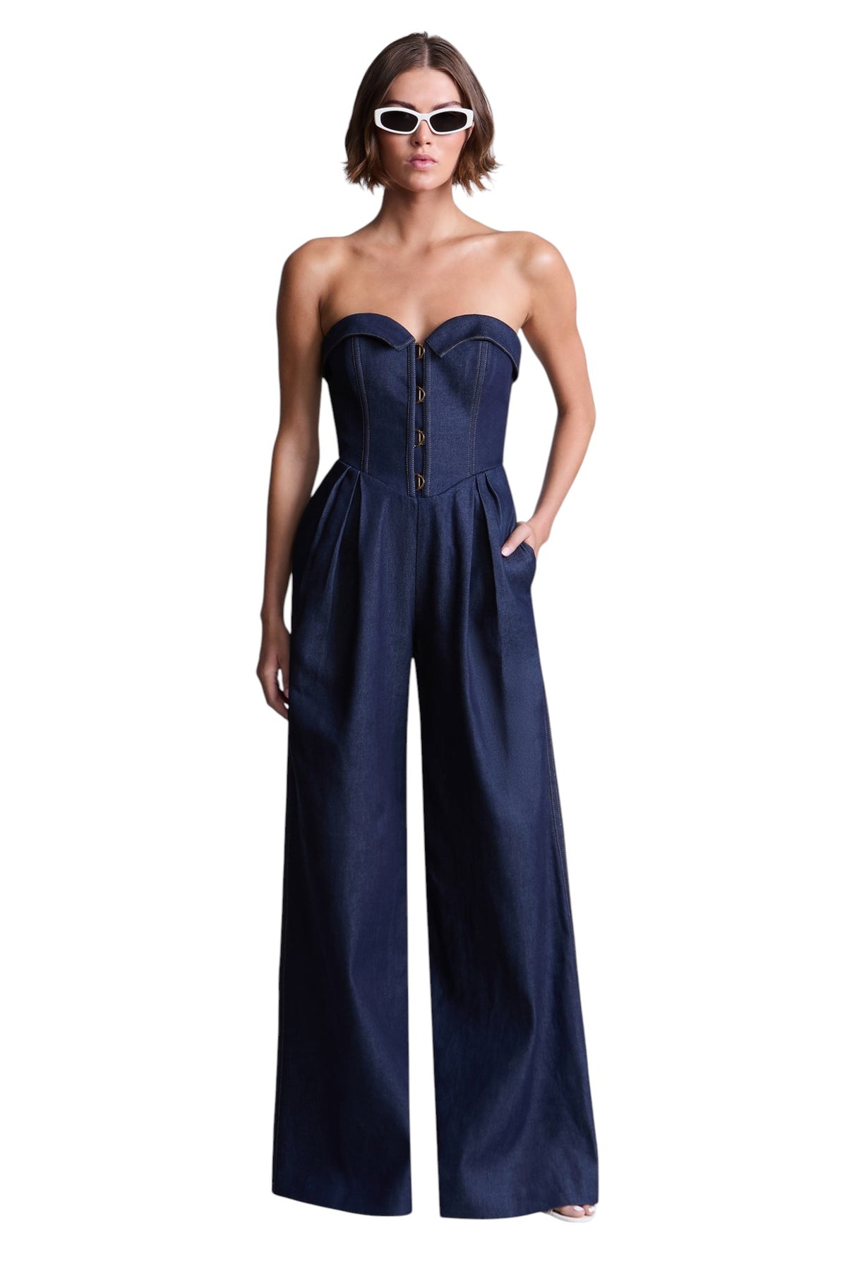 BCBGMAXAZARIA Savannah Strapless denim jumpsuit with a sculpted corset-inspired bodice
