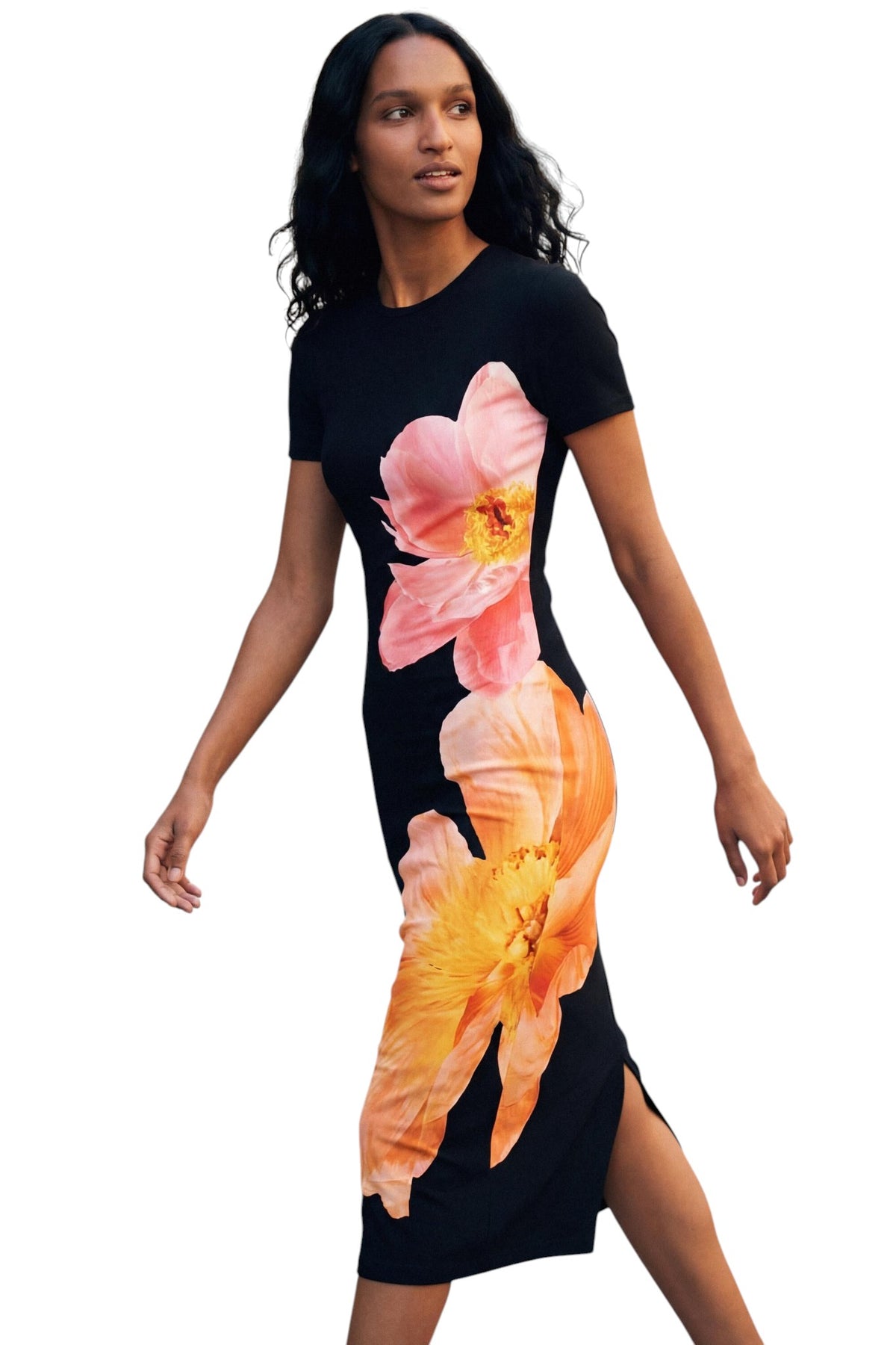 Desigual Long short-sleeved dress in plain fabric with positional flower print