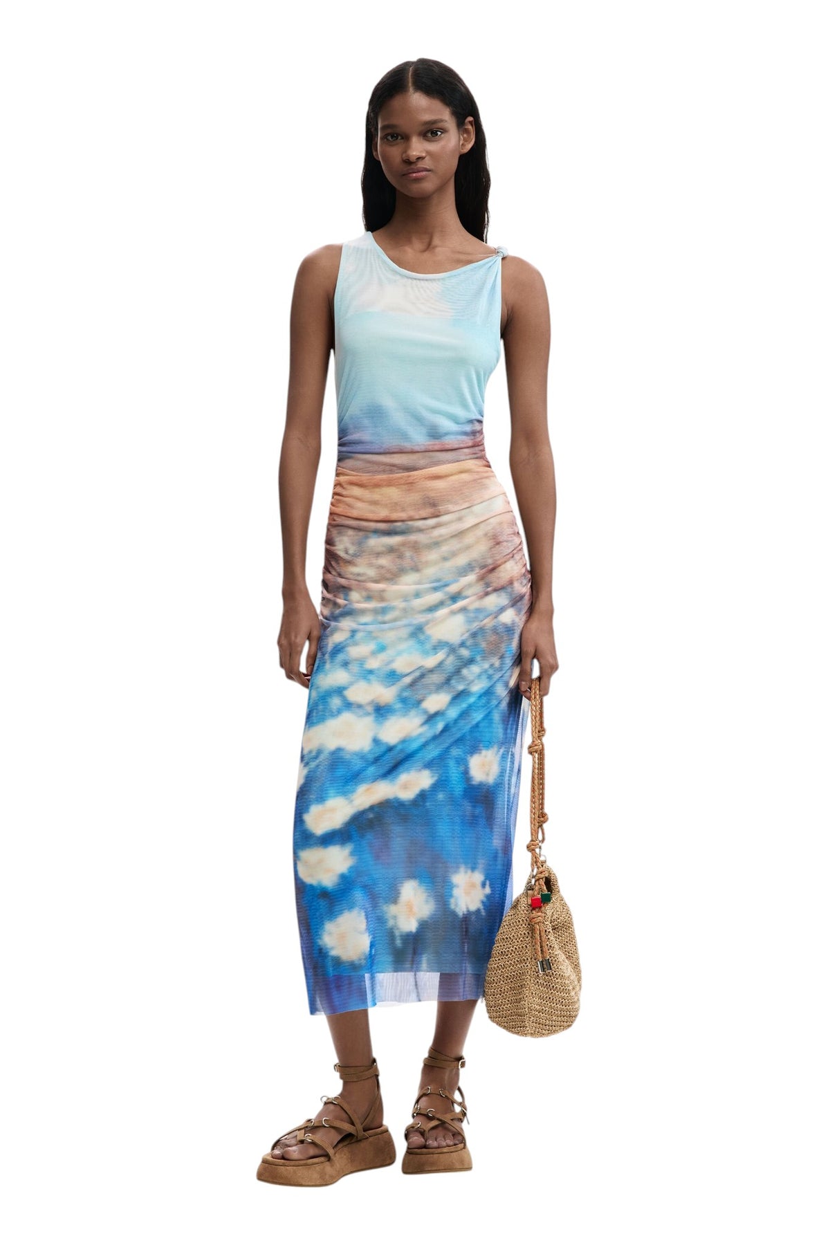 Desigual Sleeveless dress made of tulle fabric with draping and impressionist