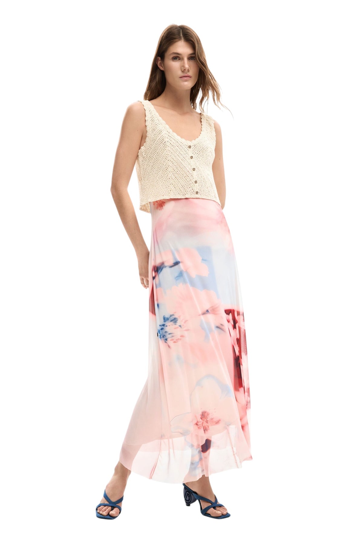 Desigual Dress made from two materials, upper part with crochet top and skirt in fluid fabric