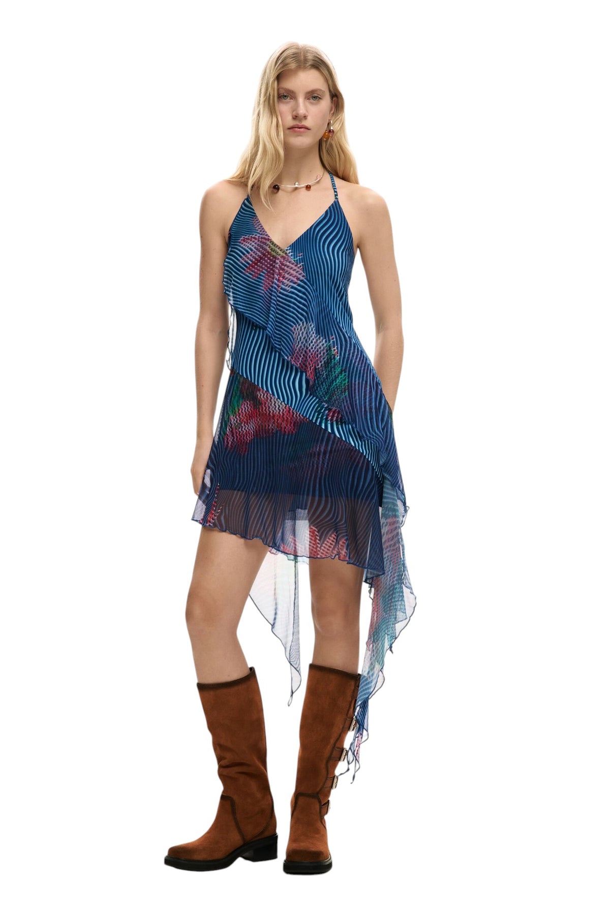 Desigual Strappy dress with V-neckline pixelated-style floral print and cascading ruffles falling