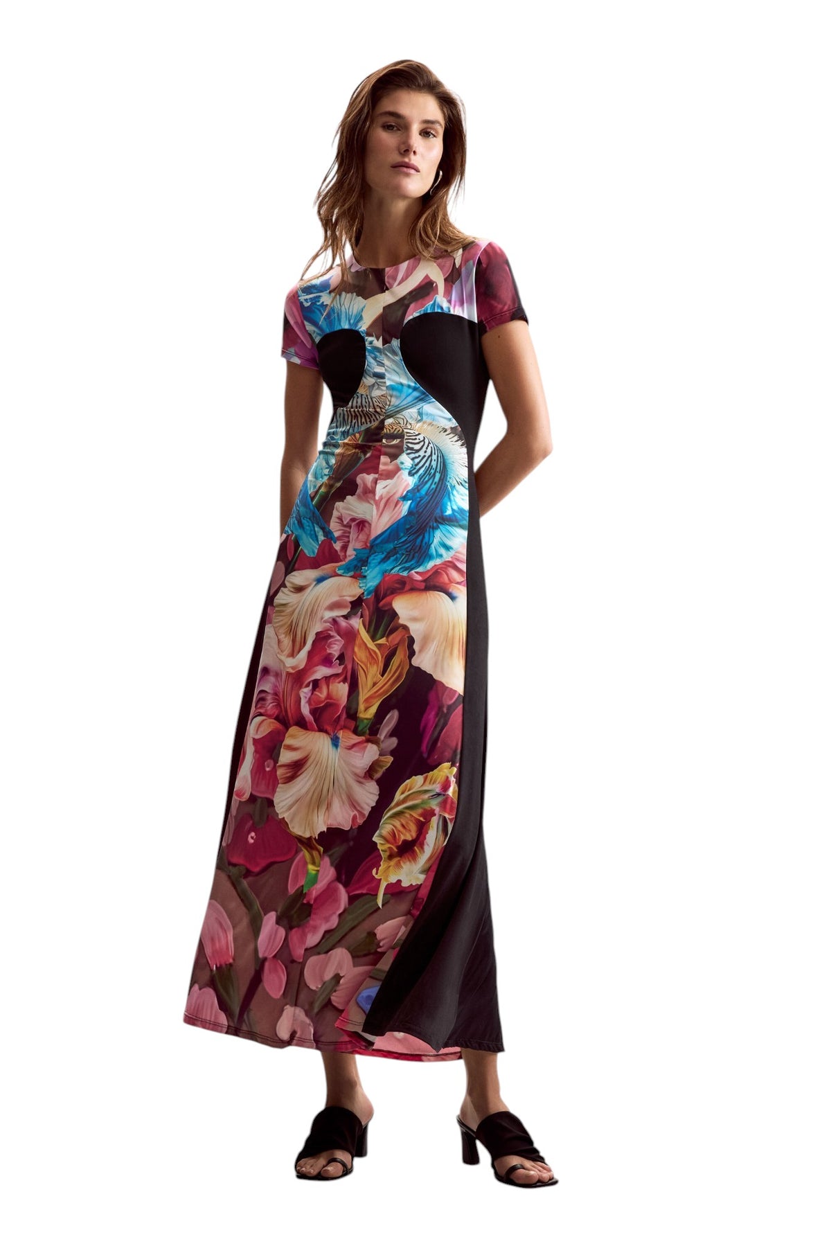 Desigual Knit dress with solid color panels and multicolored floral print on the front and sides