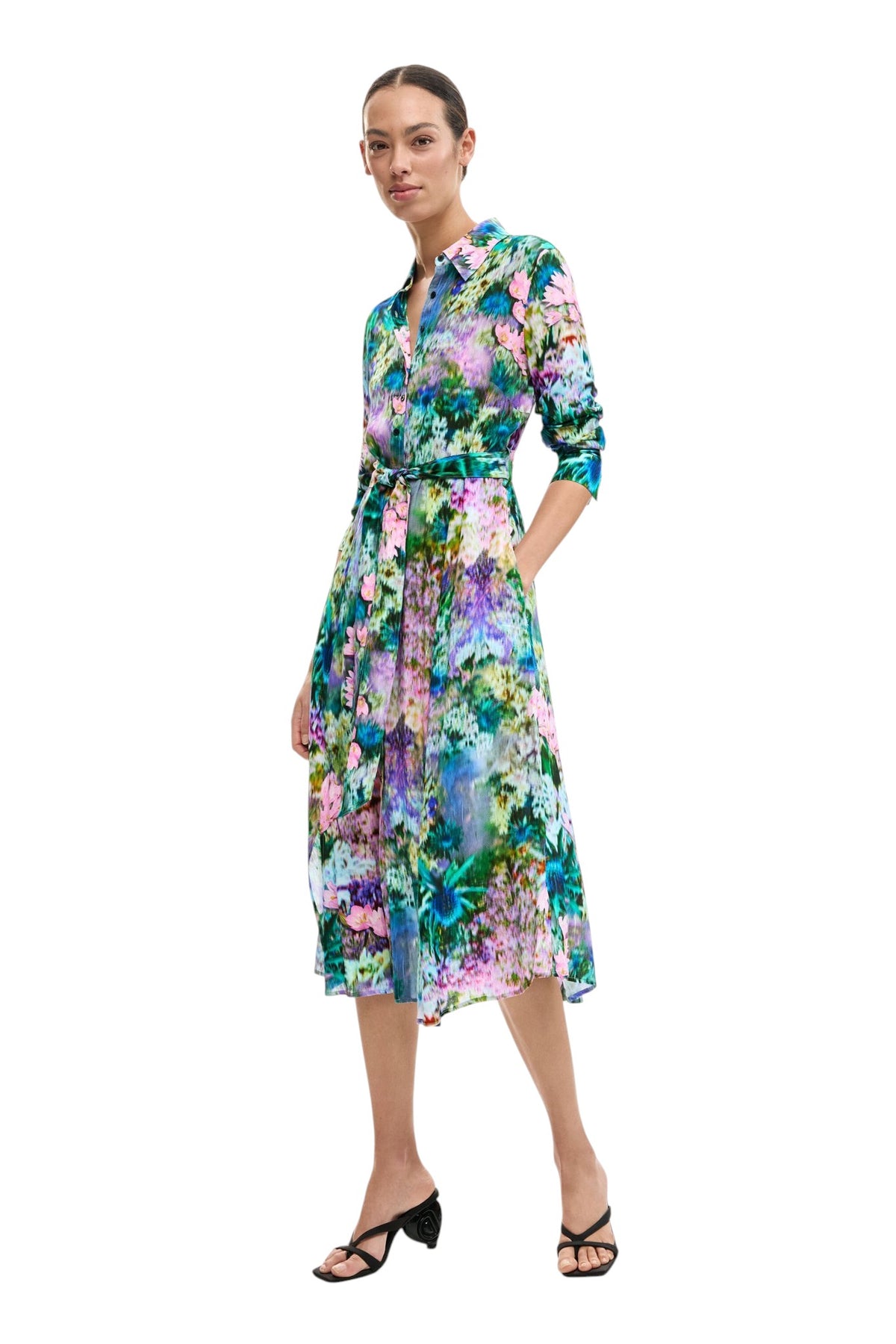 Desigual Long dress with long sleeves in flowing floral print fabric with belt
