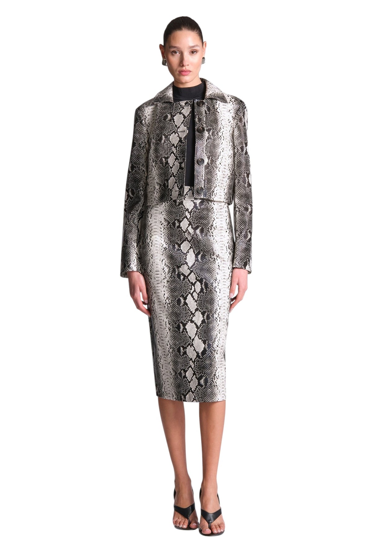 BCBGMAXAZARIA Paloma Printed Jacket Cropped python cut with a structured hand and glossy finish.