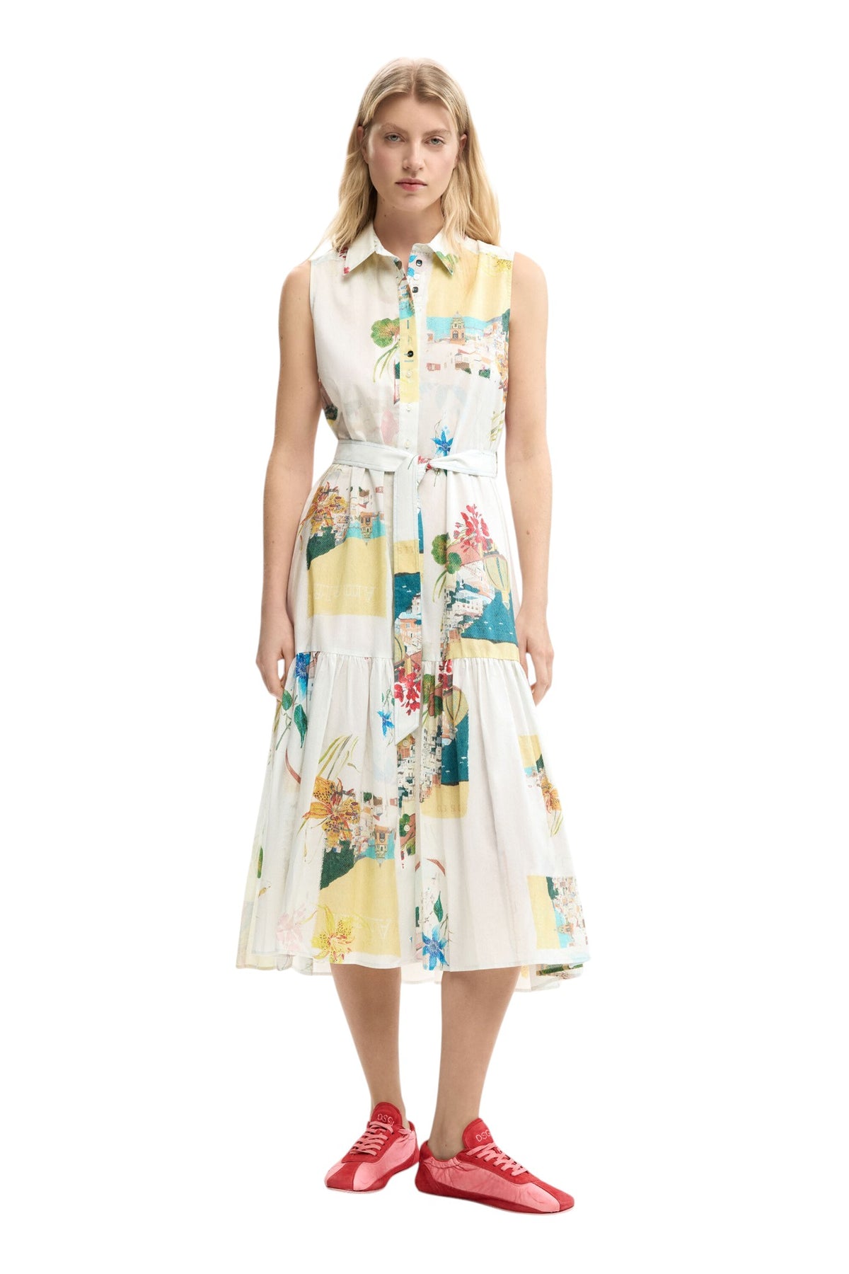 Desigual Sleeveless long dress with belt, flounced hem and postcard and flower print .