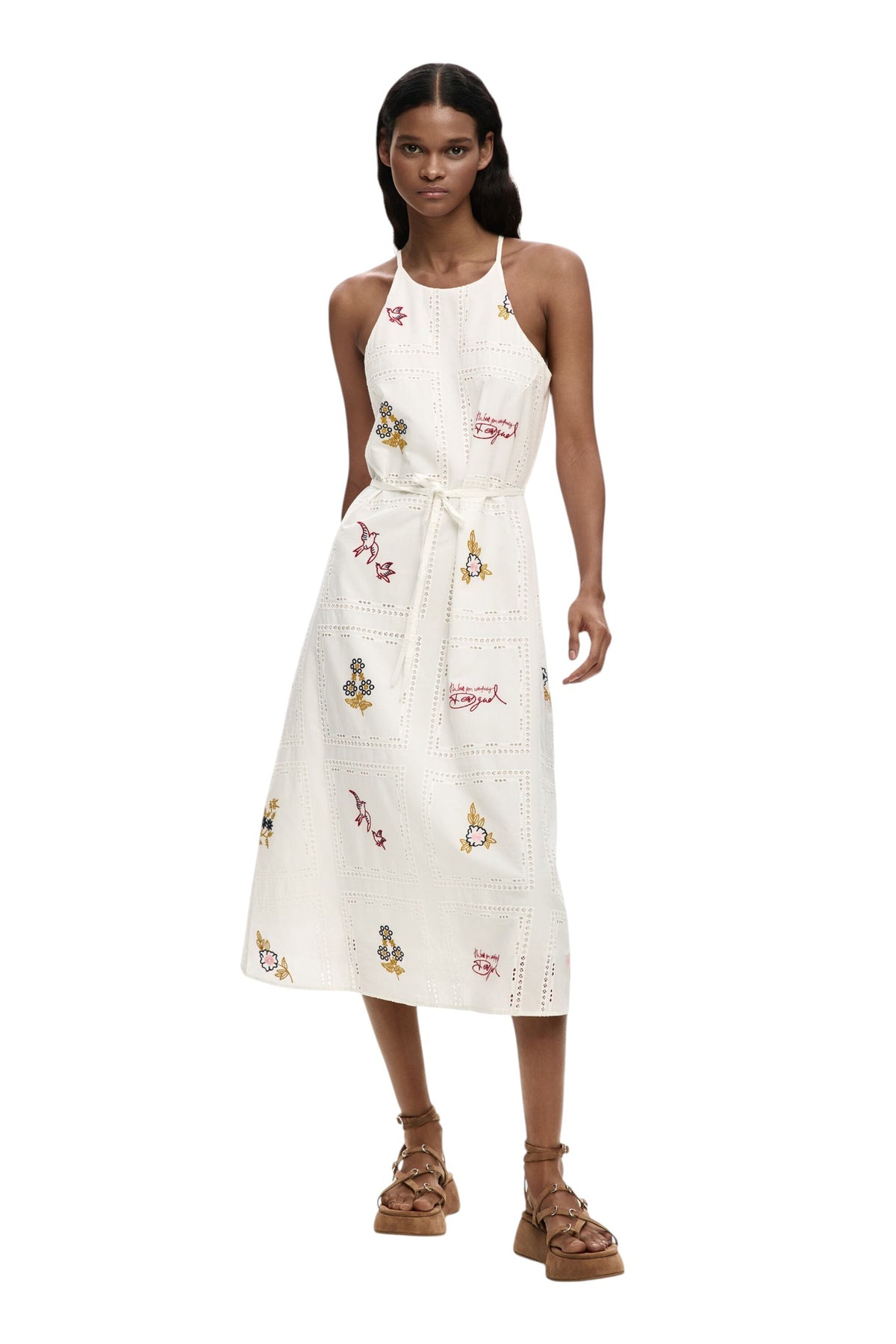 Desigual Midi dress with straps and halter neck decorated with openwork decorative embroidery