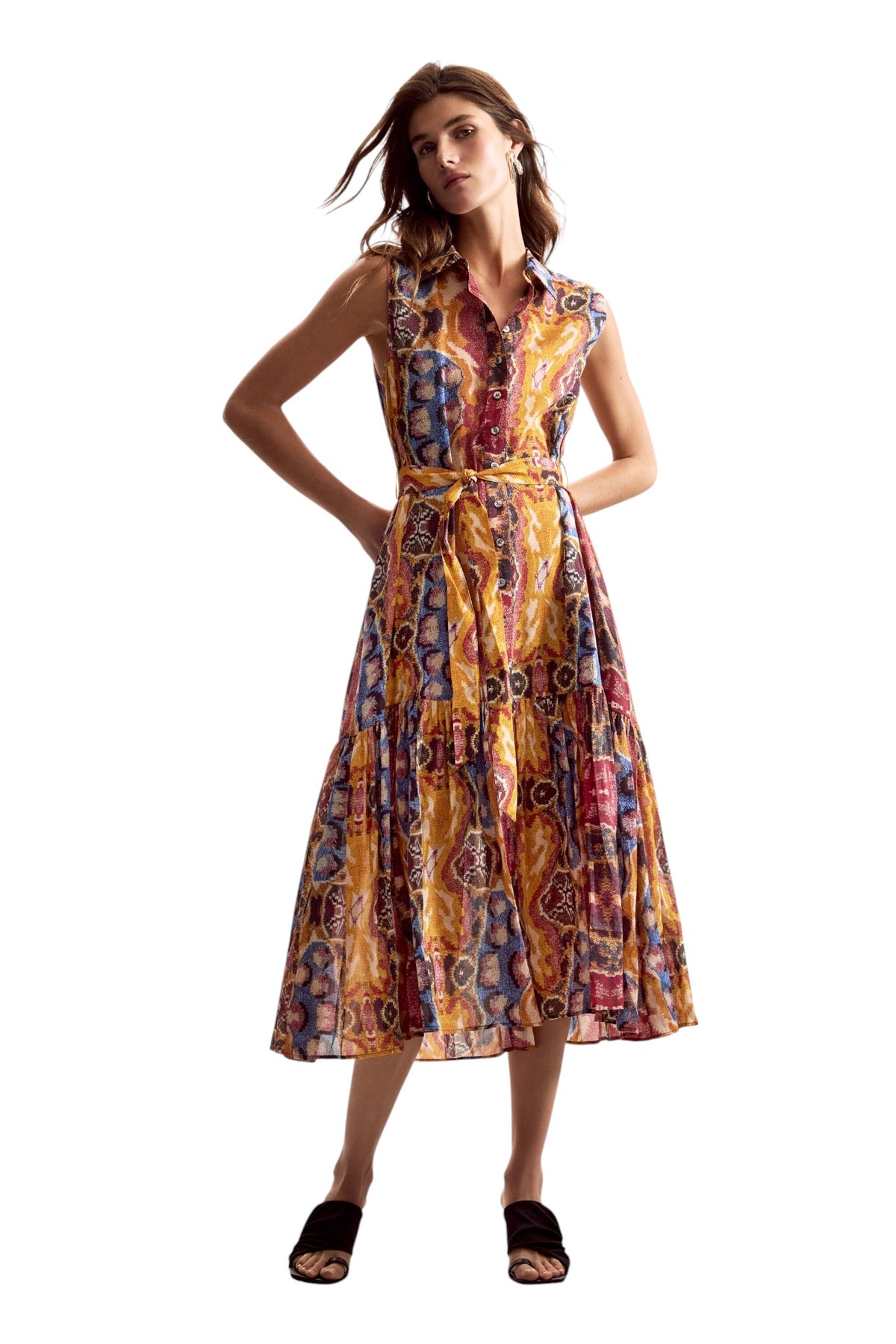 Desigual Sleeveless long shirt-style dress with belt and ethnic-style print