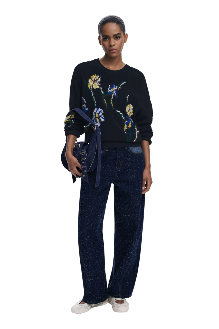Desigual Jacquard sweater with embroidered flowers