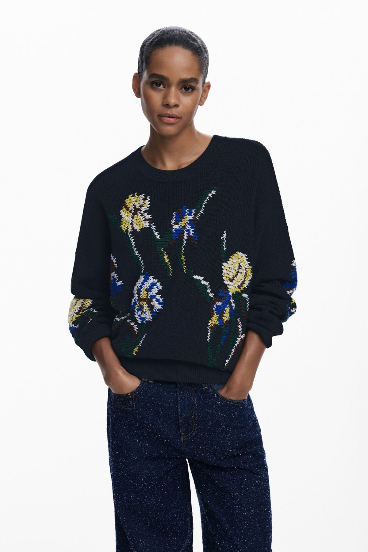 Desigual Jacquard sweater with embroidered flowers