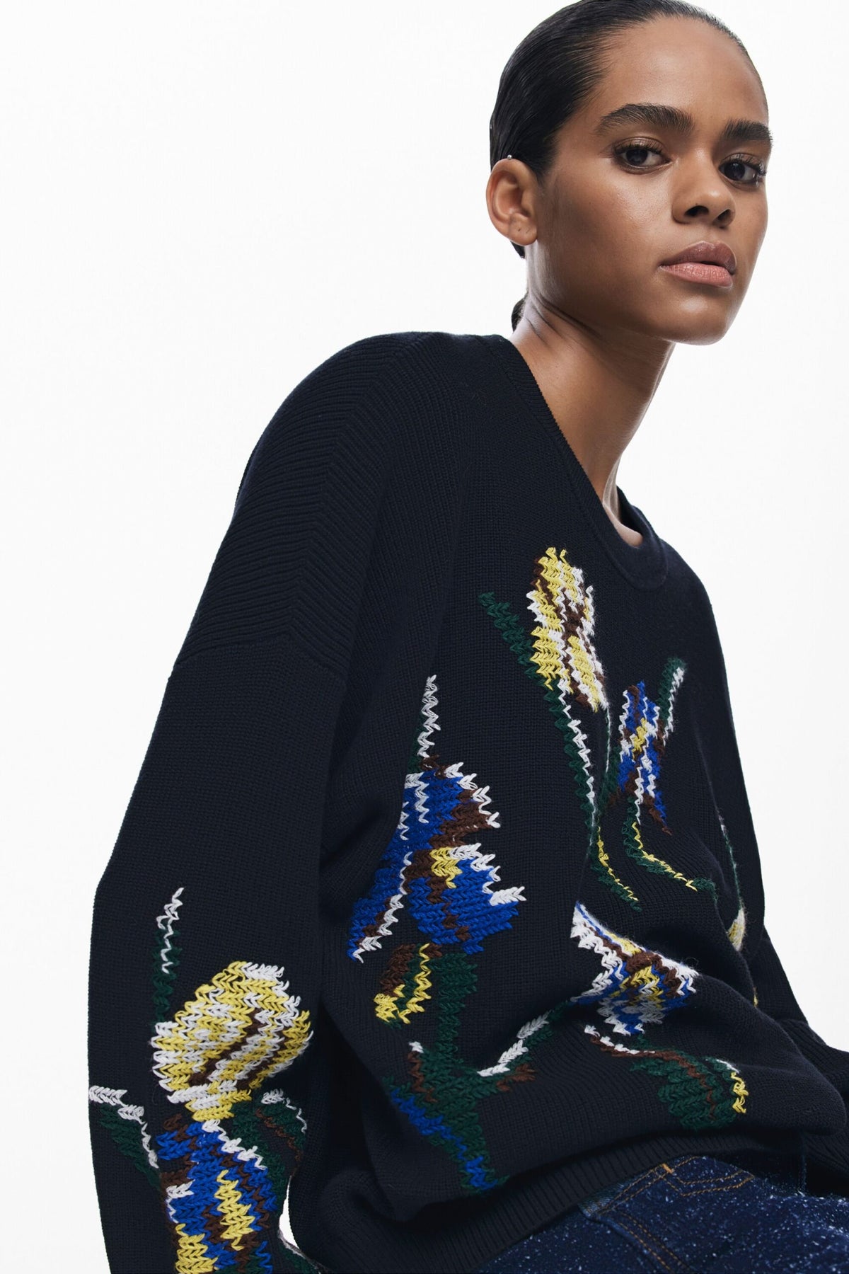 Desigual Jacquard sweater with embroidered flowers