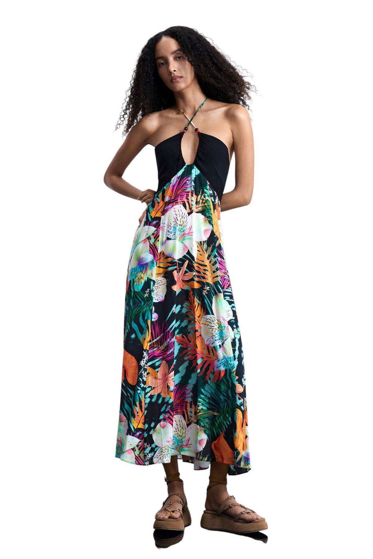 Desigual Long dress with a tie at the neck, elastic at the back on the top