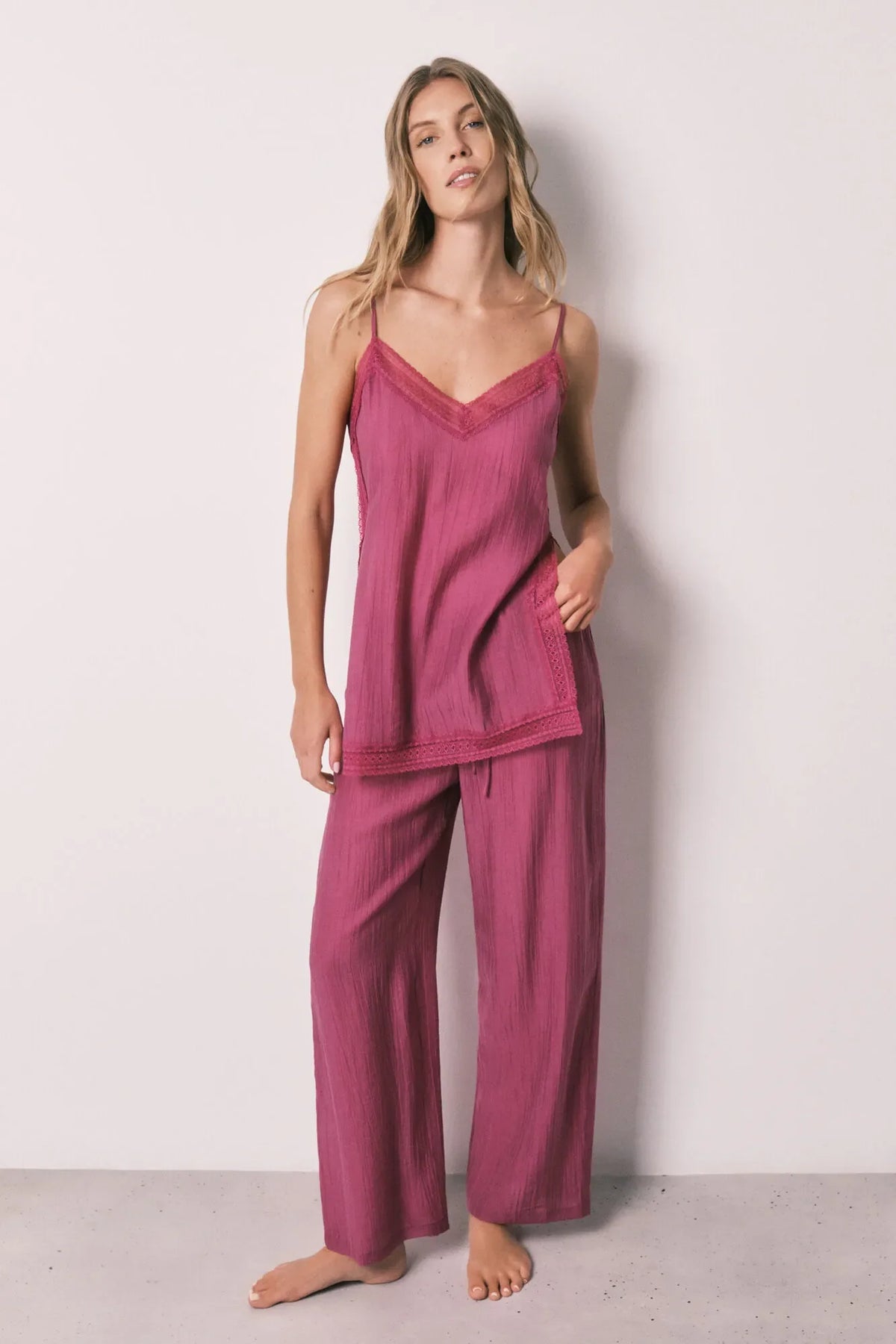 Women Secret Satin-Finish Lace Strap Long Pyjamas