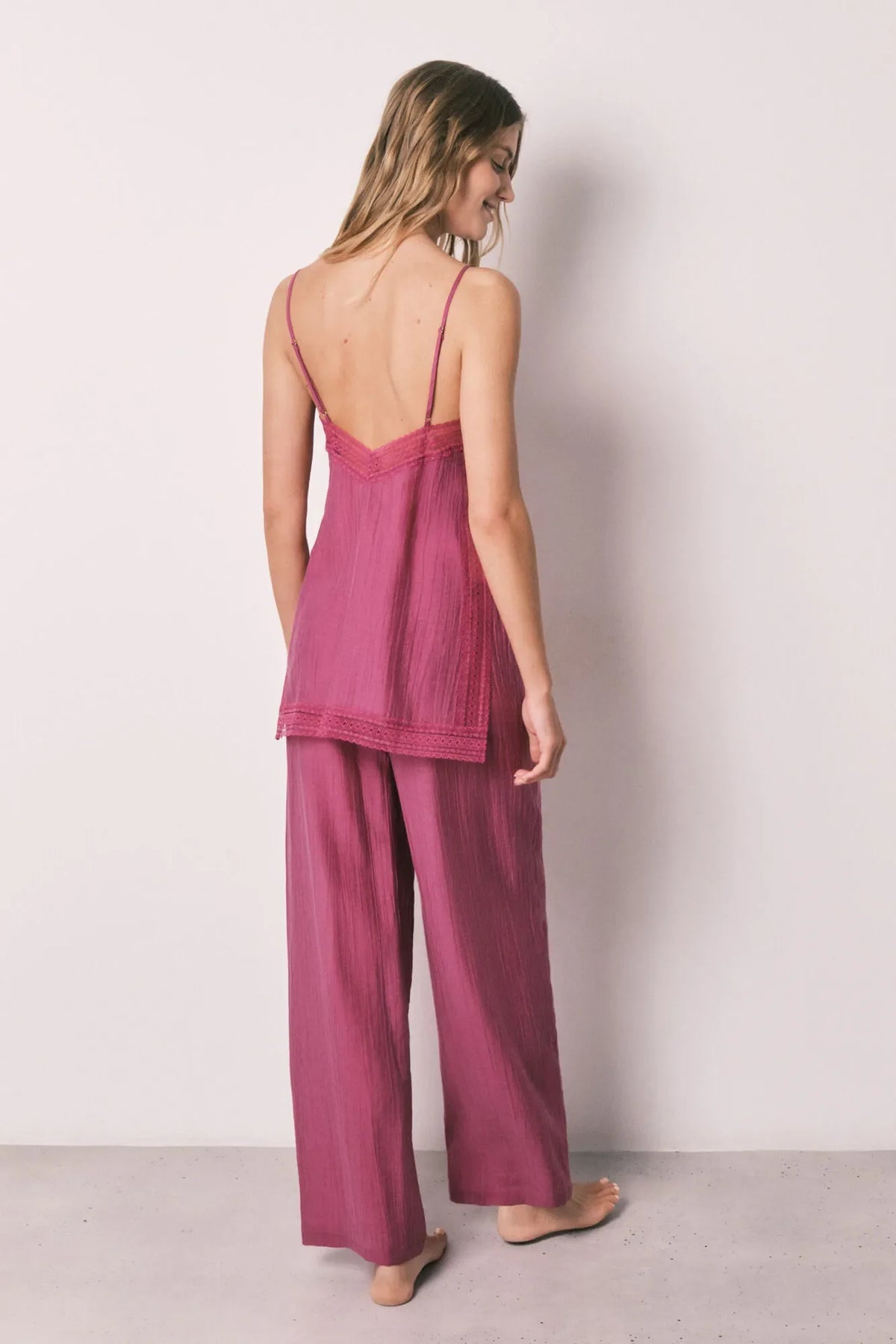 Women Secret Satin-Finish Lace Strap Long Pyjamas