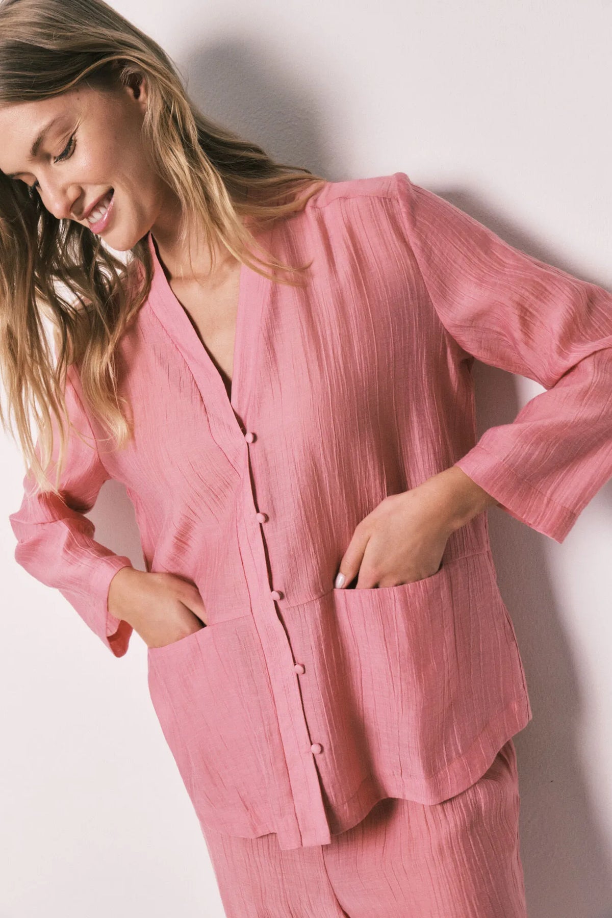 Women Secret Pink Satin-Finish Long Pyjamas