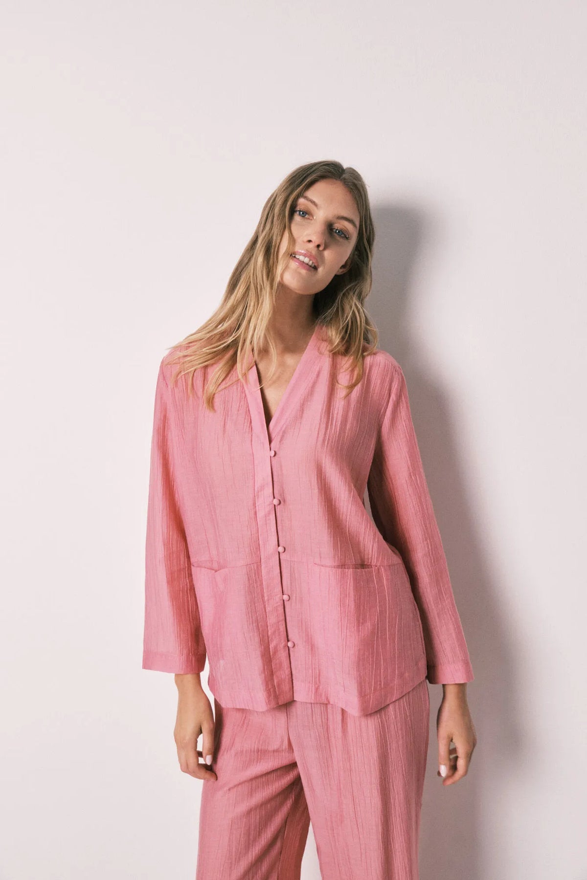 Women Secret Pink Satin-Finish Long Pyjamas