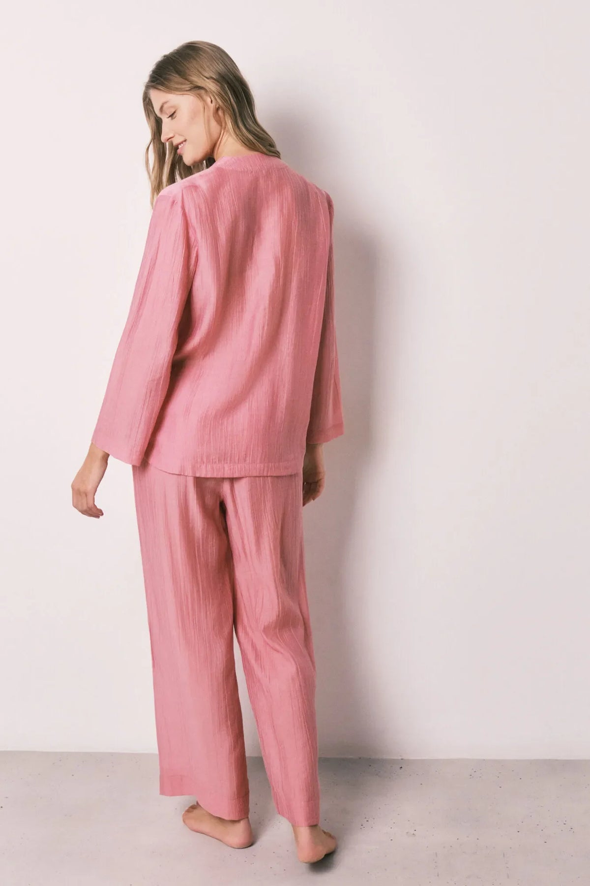 Women Secret Pink Satin-Finish Long Pyjamas