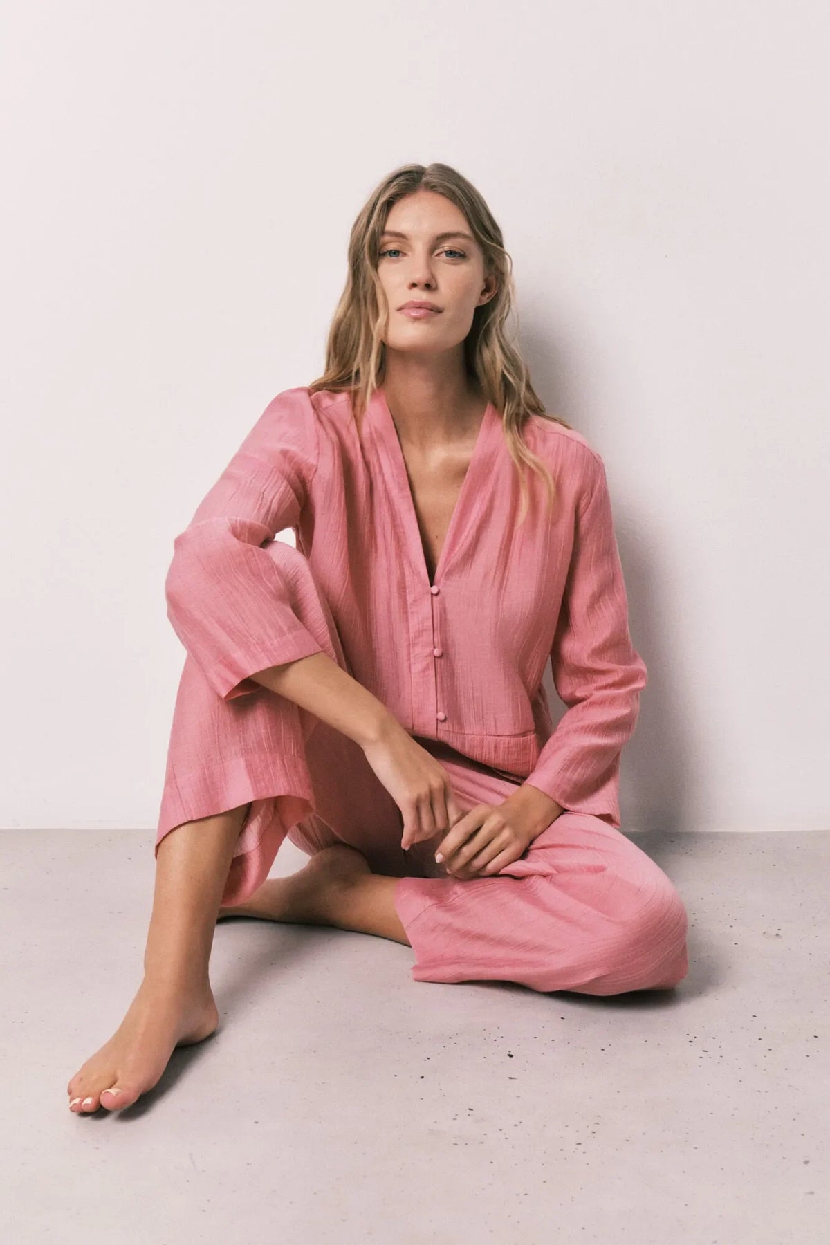 Women Secret Pink Satin-Finish Long Pyjamas