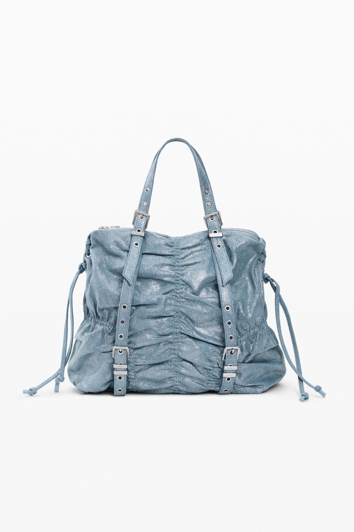 Desigual Medium-sized backpack made of blue denim fabric with a ruched finish on the front.