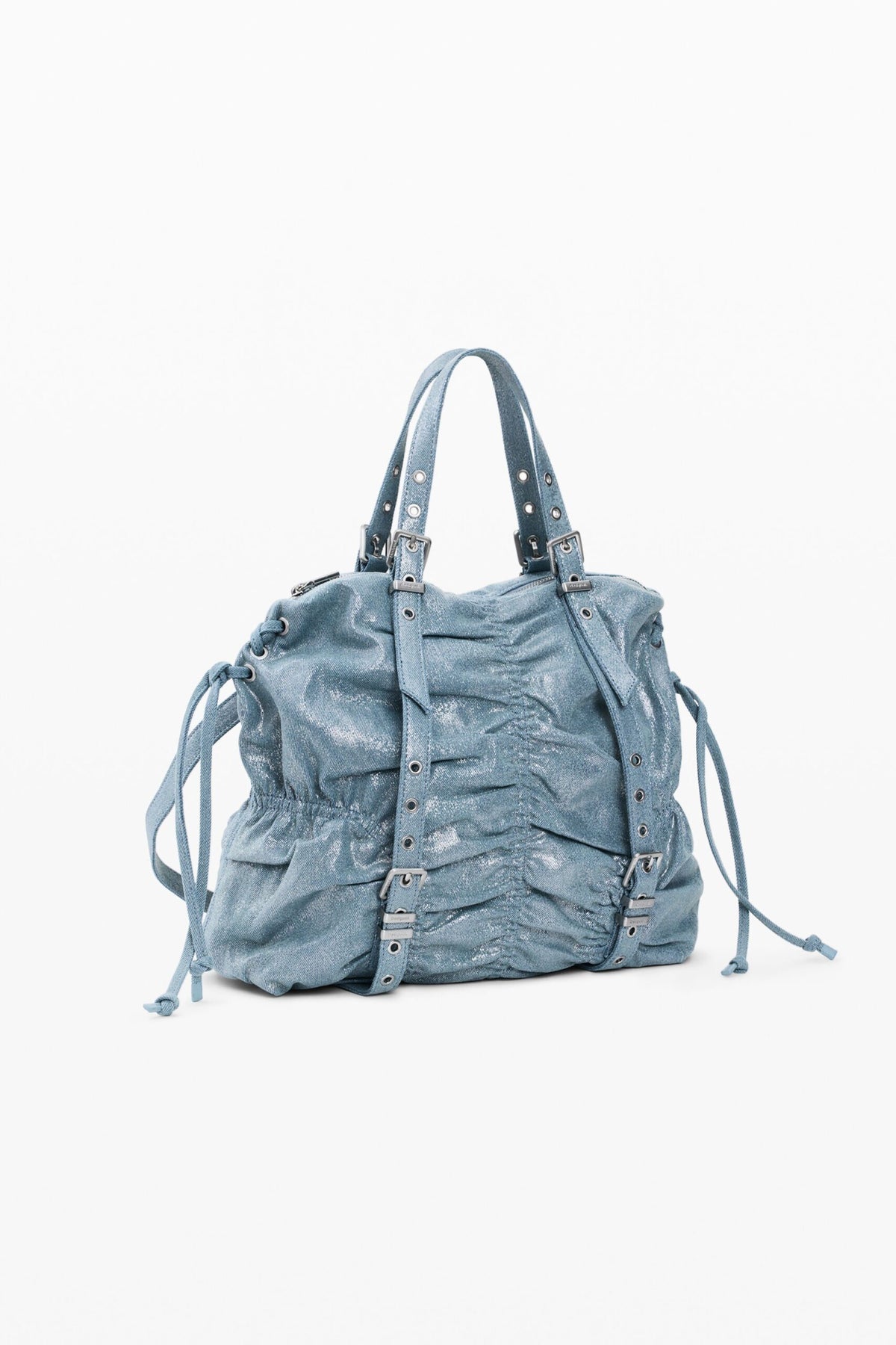 Desigual Medium-sized backpack made of blue denim fabric with a ruched finish on the front.