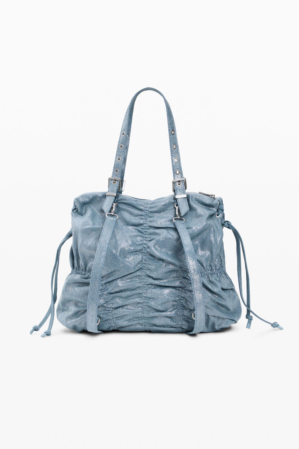 Desigual Medium-sized backpack made of blue denim fabric with a ruched finish on the front.