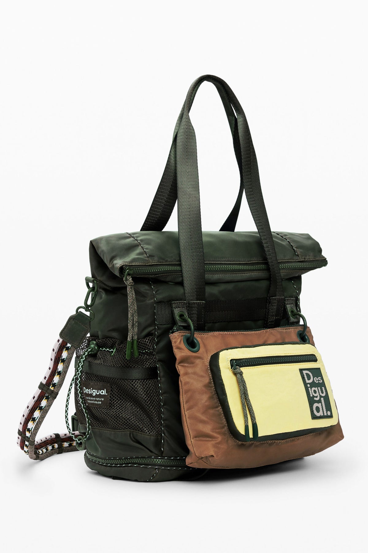 Desigual Waxed fabric backpack with main body in khaki