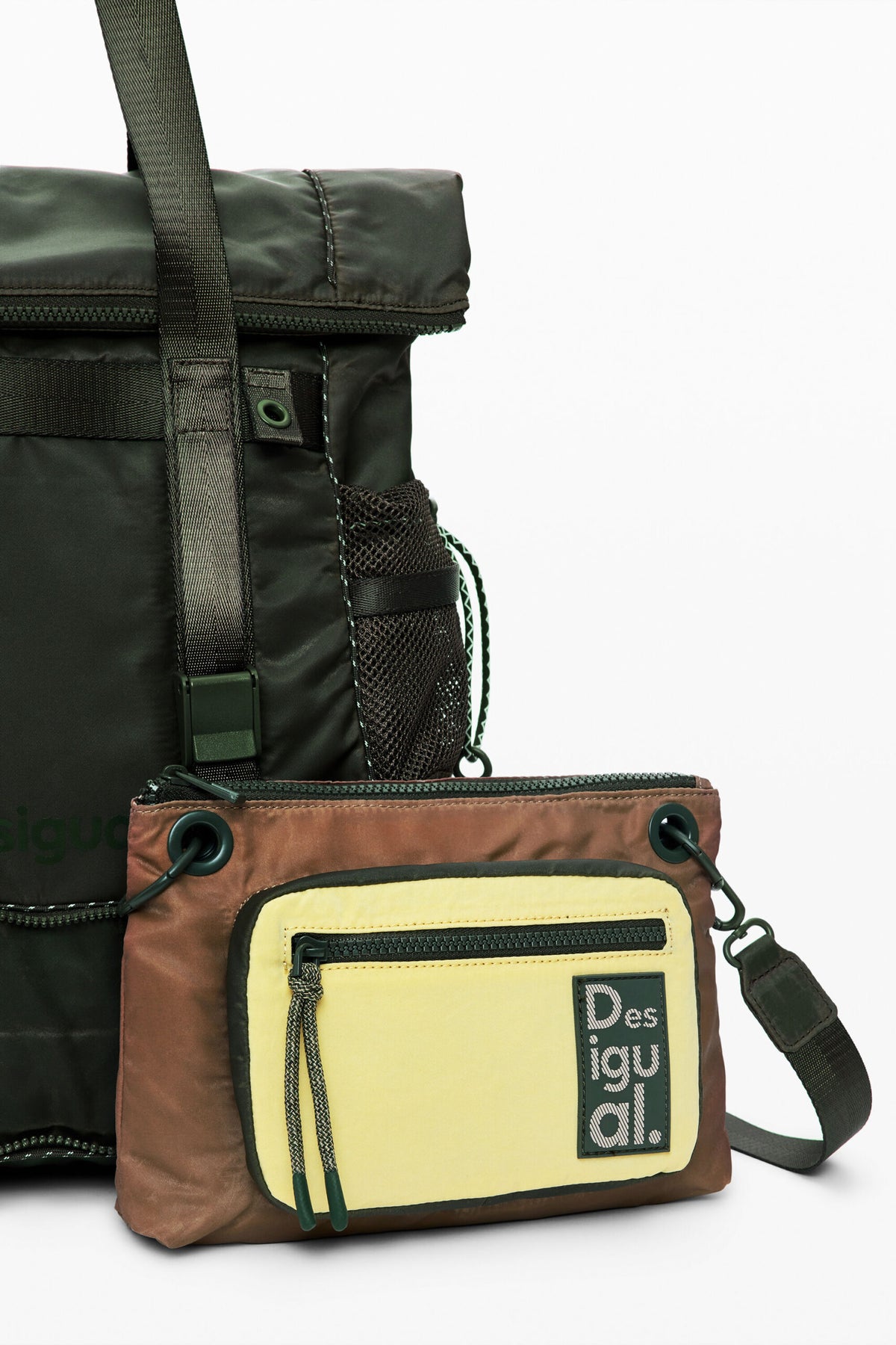 Desigual Waxed fabric backpack with main body in khaki