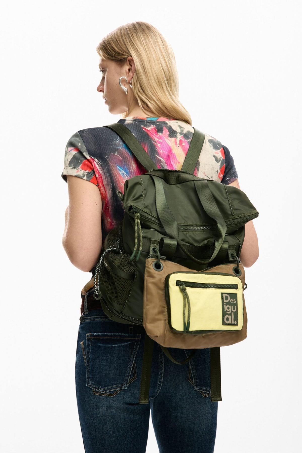 Desigual Waxed fabric backpack with main body in khaki