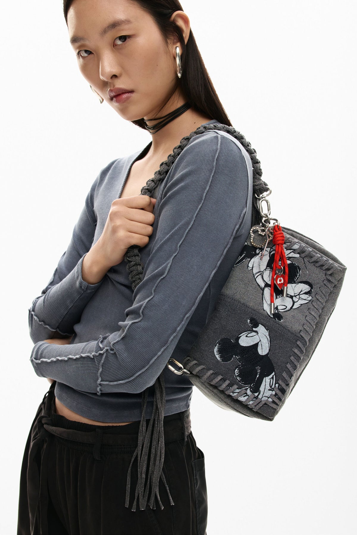 Desigual Medium denim fabric bag with Mickey Mouse™ embroidery