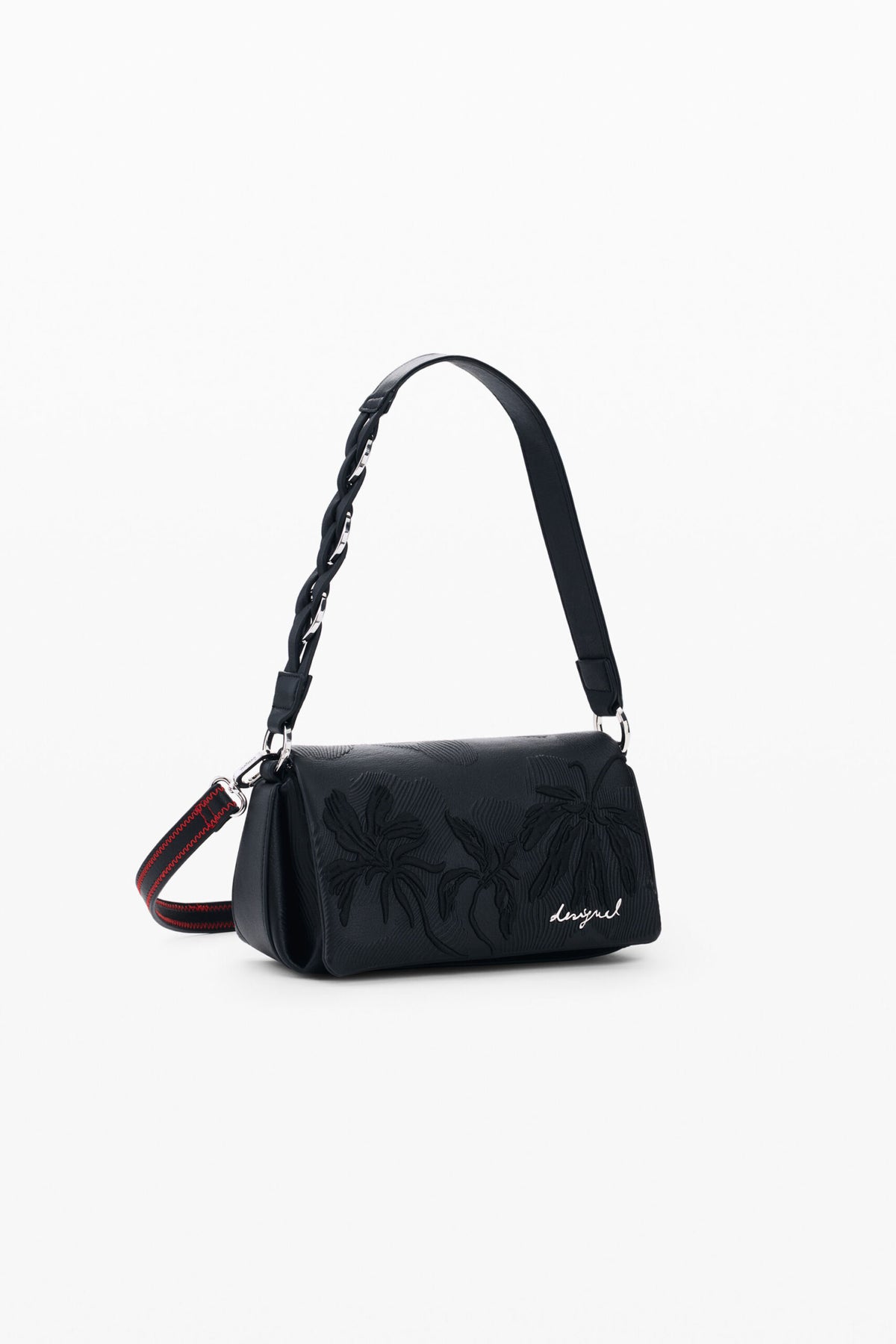Desigual Bolso pequeño con solapa y flores bordadas en relieve en el mismo tono