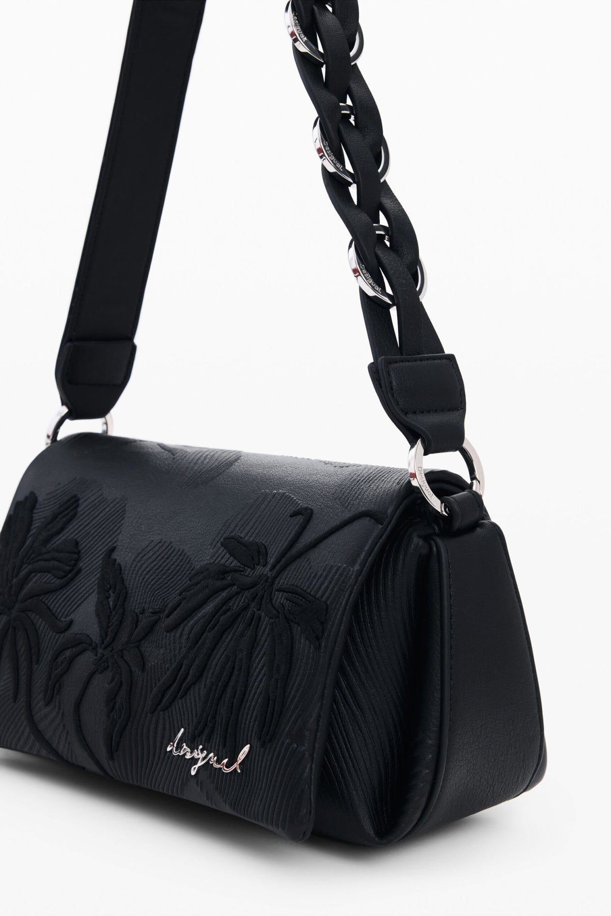 Desigual Bolso pequeño con solapa y flores bordadas en relieve en el mismo tono