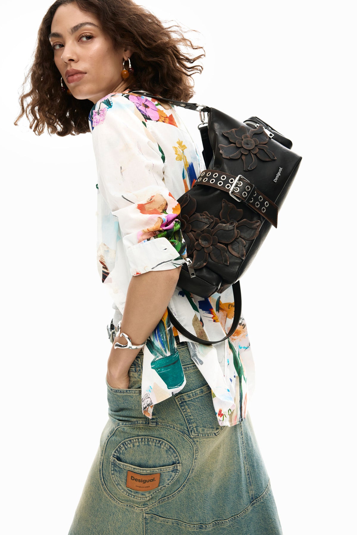 Desigual Bolso mediano con correas intercambiables apliques de flores