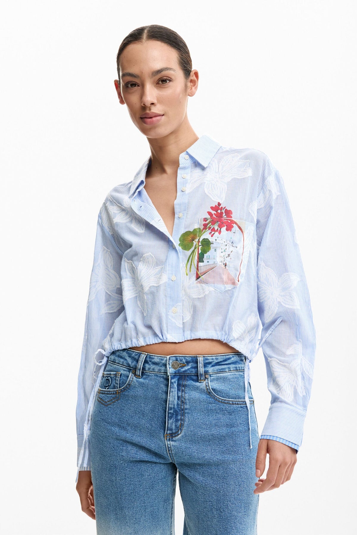 Desigual cotton fabric shirt with digital floral print on the front. Shirt collar