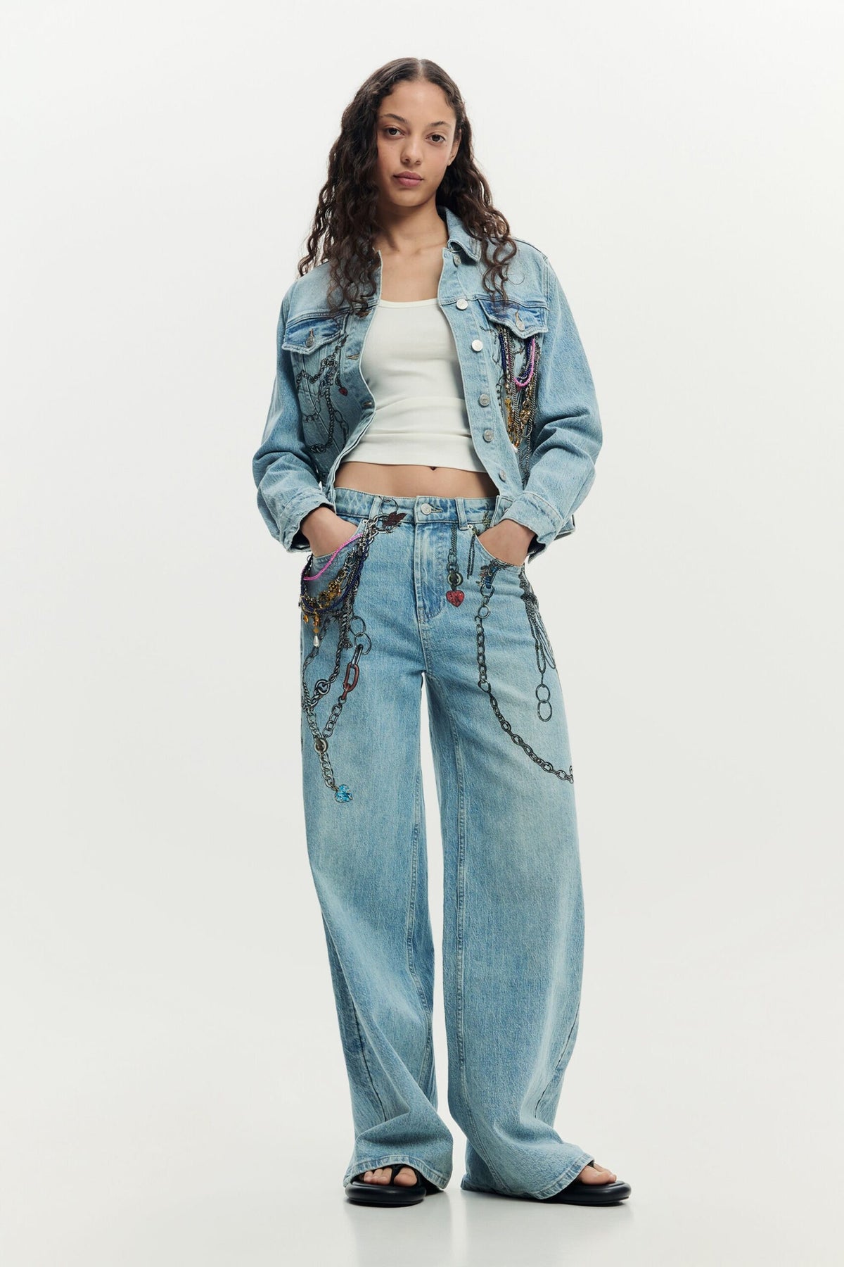 Desigual Long denim trousers, straight cut with chain print