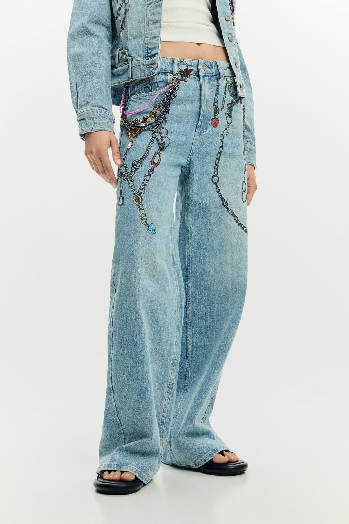 Desigual Long denim trousers, straight cut with chain print
