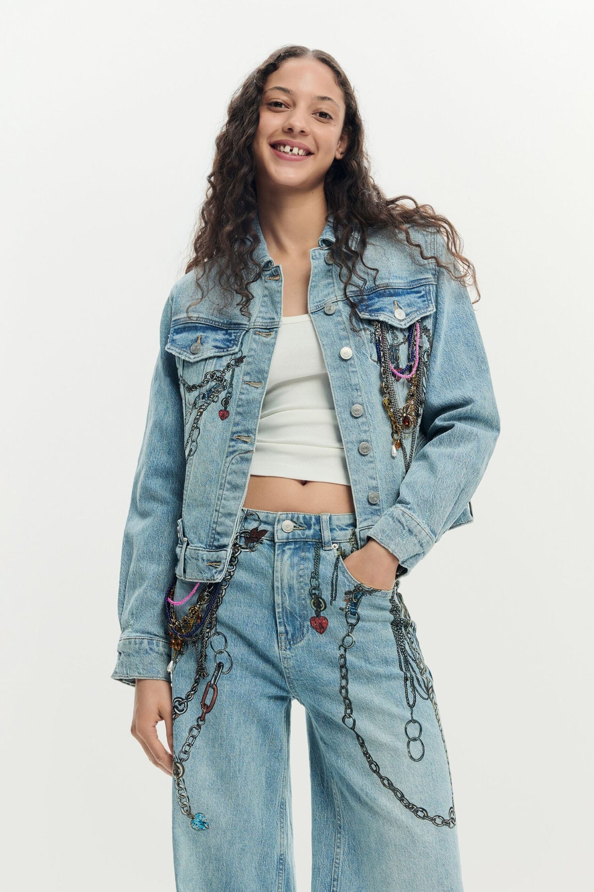 Desigual Long denim trousers, straight cut with chain print