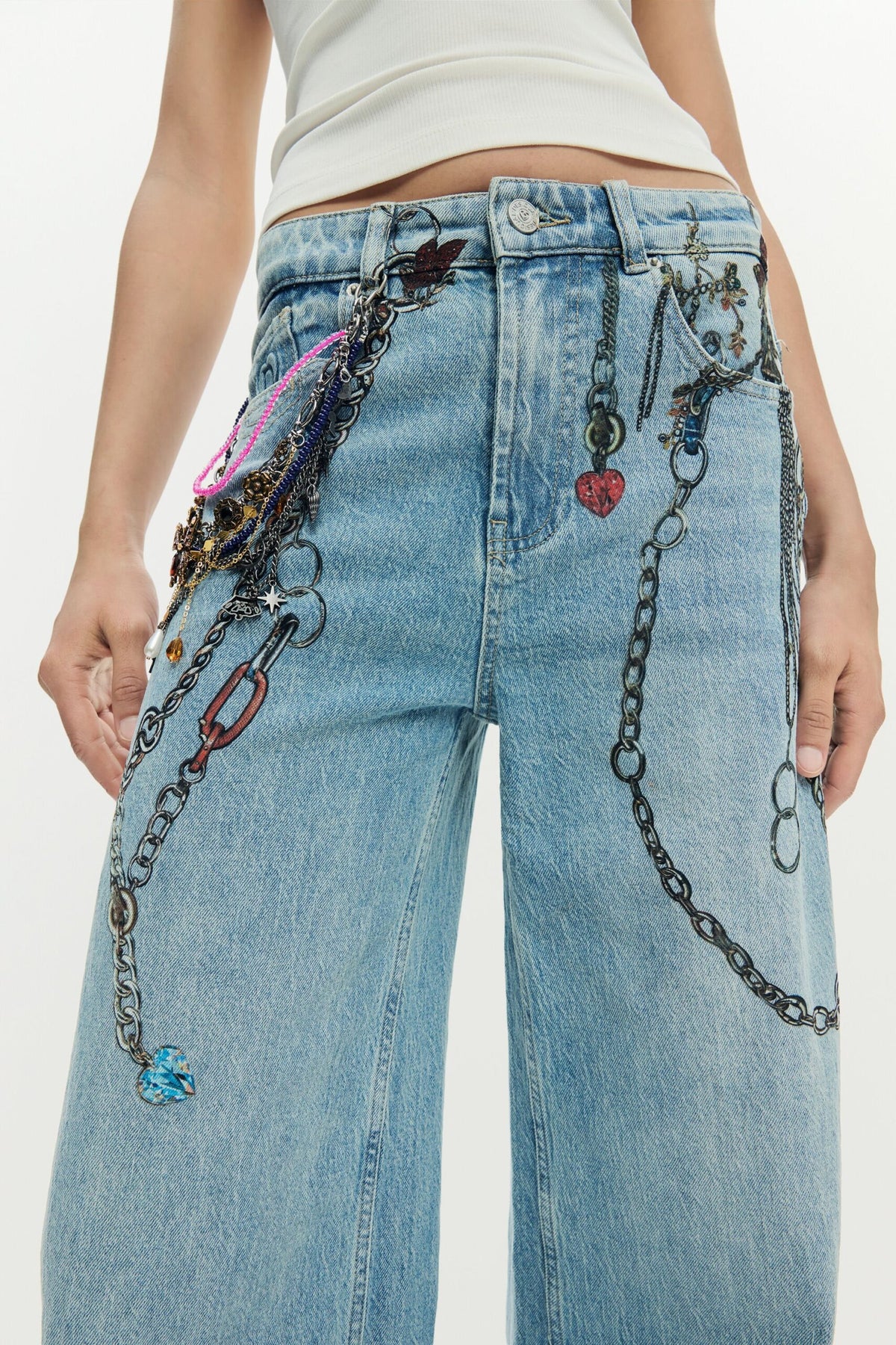 Desigual Long denim trousers, straight cut with chain print