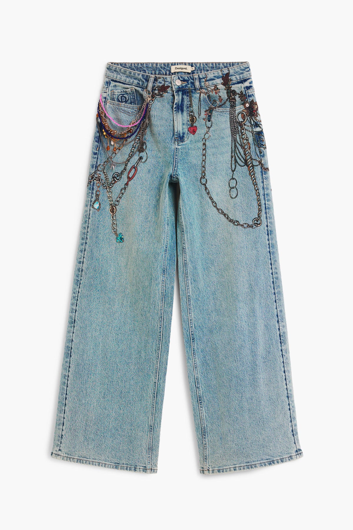 Desigual Long denim trousers, straight cut with chain print