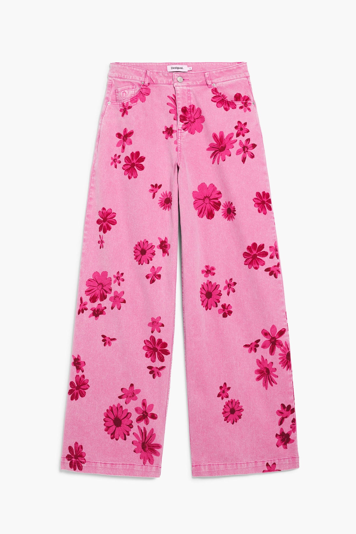 Desigual Denim trousers, wide leg cut, with flower print and five pockets.