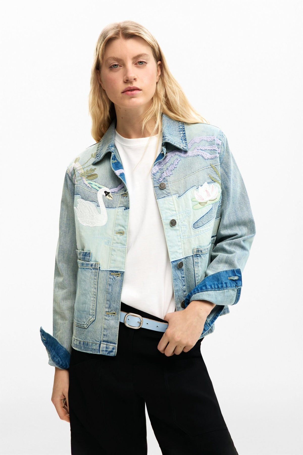Desigual Regular-fit denim jacket with patchwork and medium wash