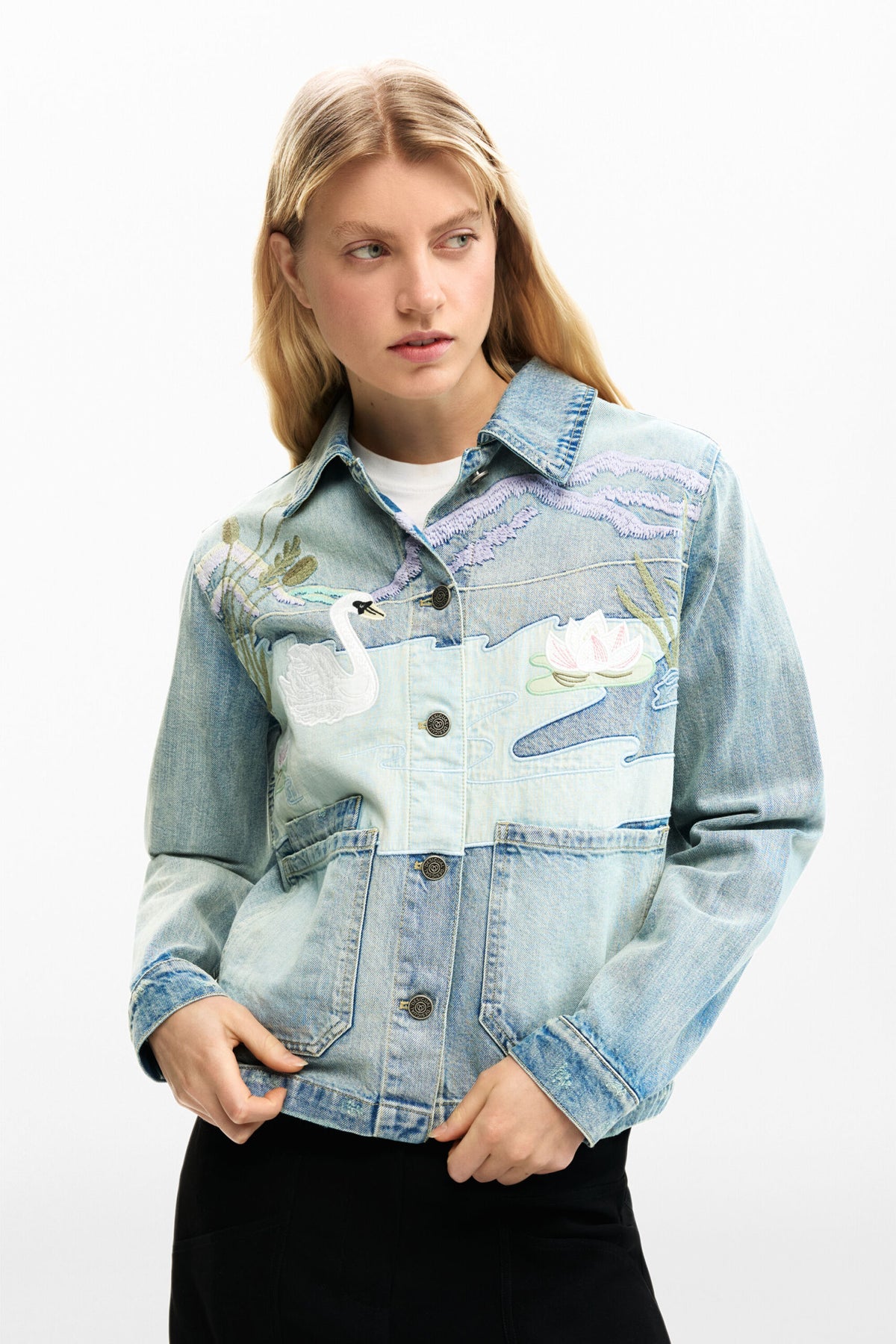 Desigual Regular-fit denim jacket with patchwork and medium wash