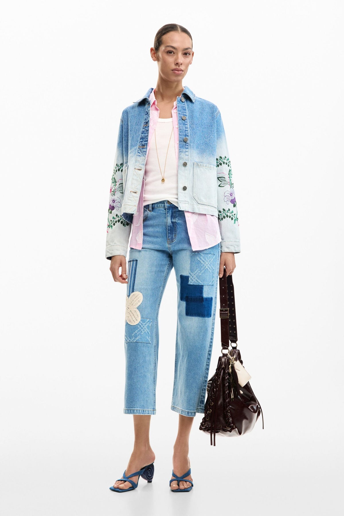 Desigual Long-sleeved denim jacket with colorful embroidered flowers on the sleeves