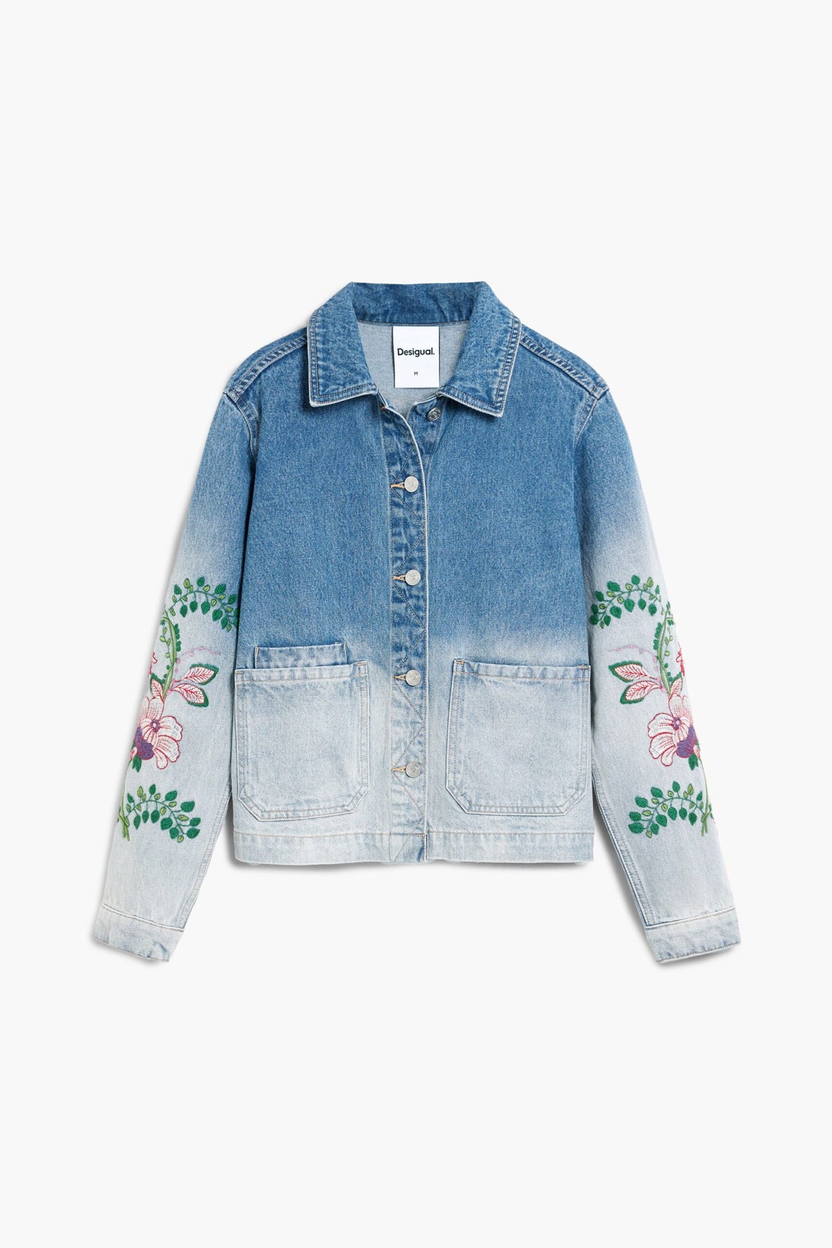 Desigual Long-sleeved denim jacket with colorful embroidered flowers on the sleeves