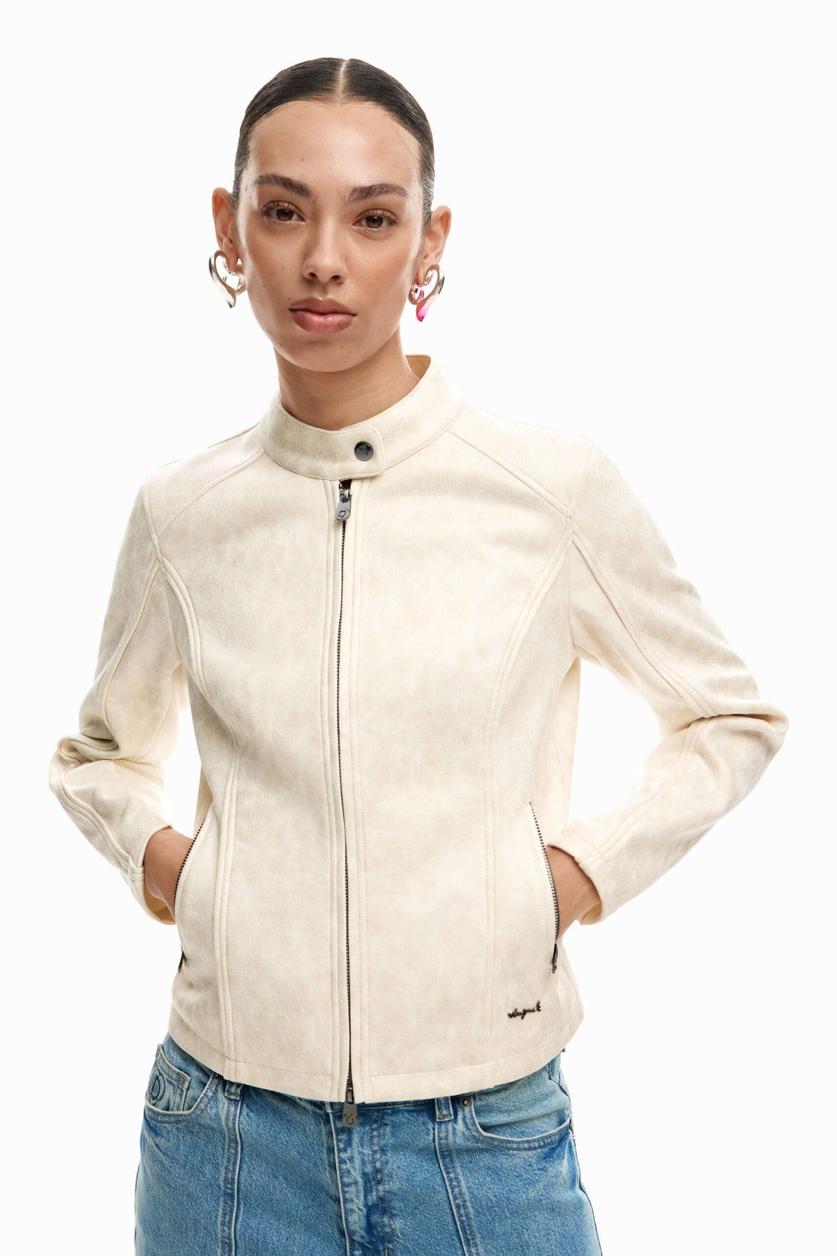 Desigual Worn-effect faux leather jacket, fitted, with Mandarin collar zip fastening