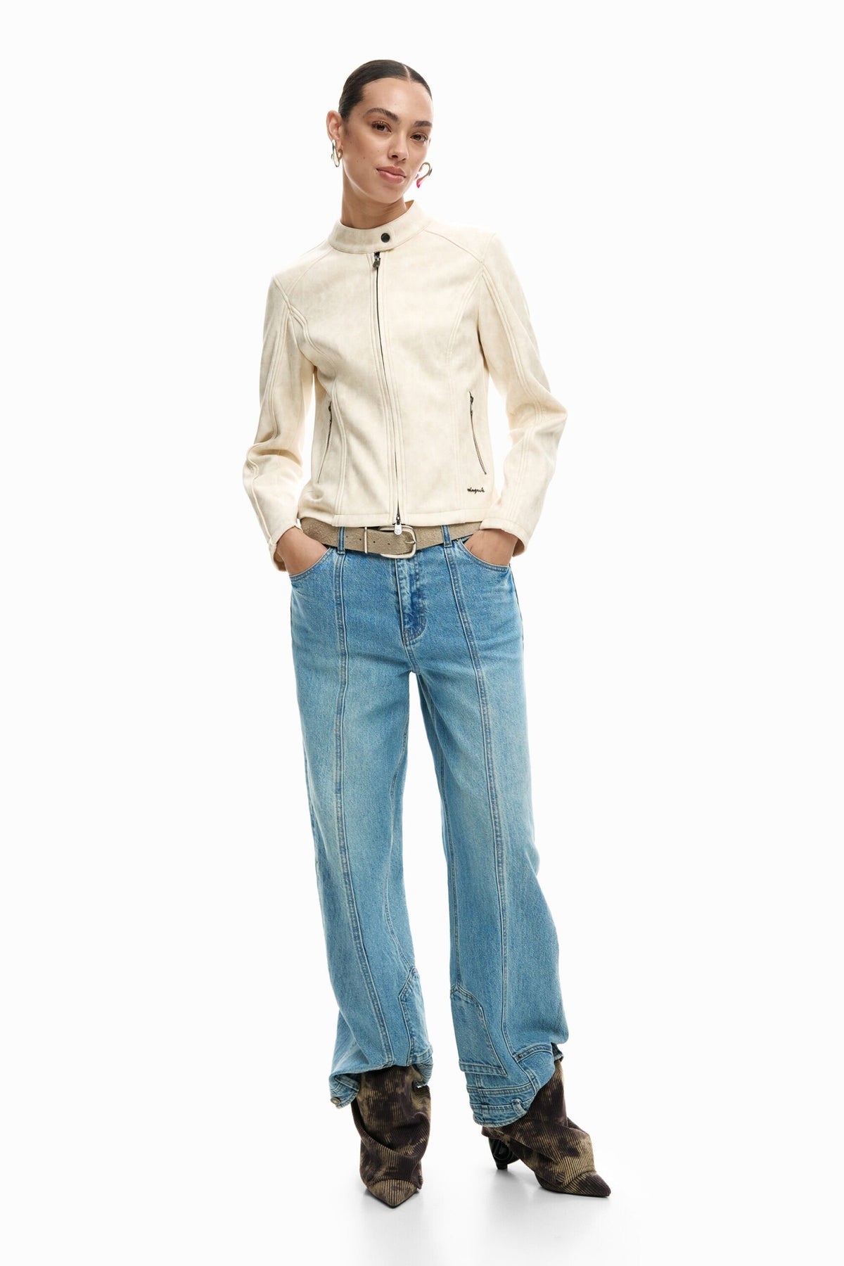 Desigual Worn-effect faux leather jacket, fitted, with Mandarin collar zip fastening