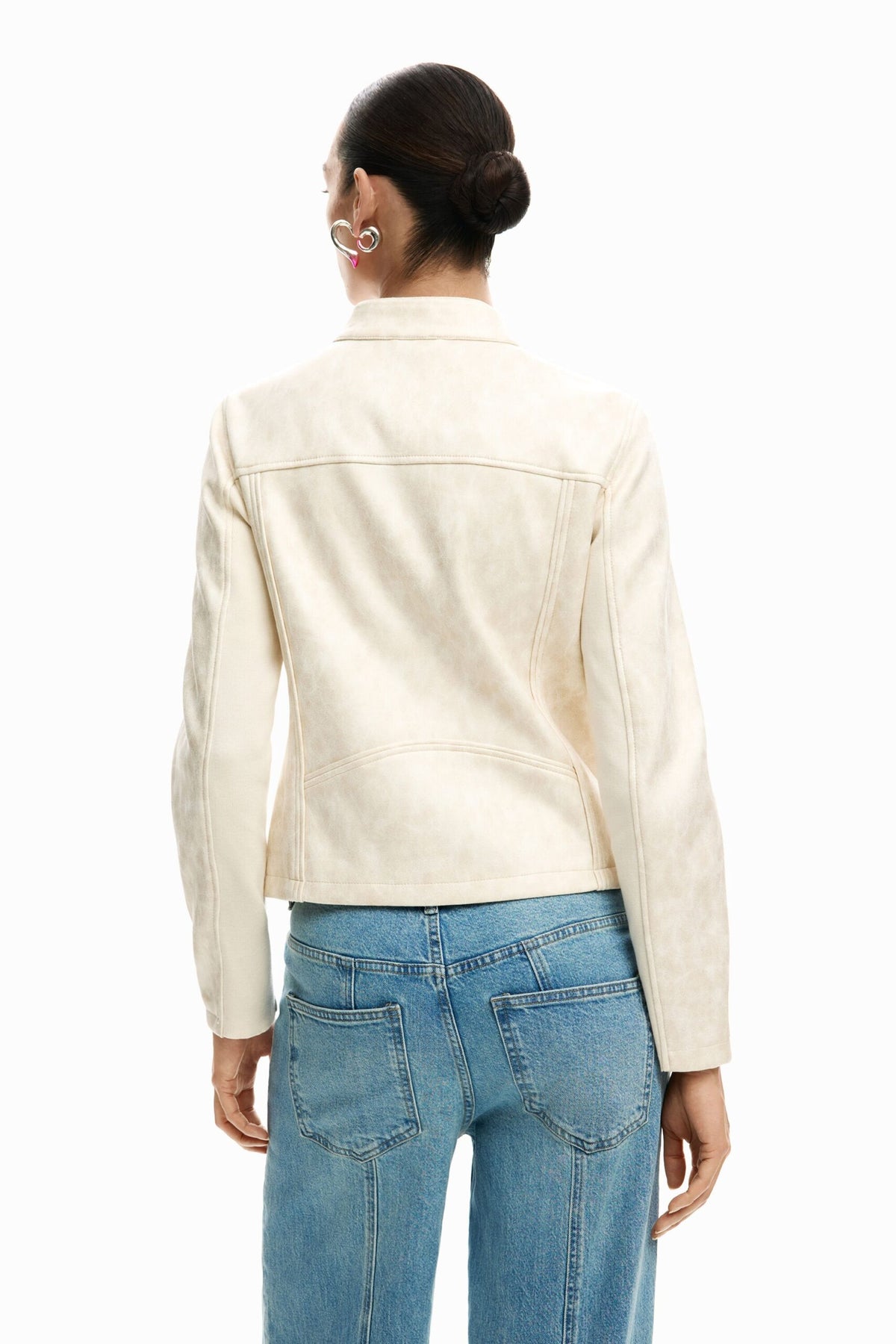 Desigual Worn-effect faux leather jacket, fitted, with Mandarin collar zip fastening
