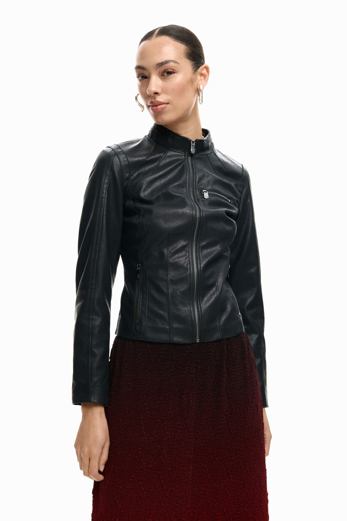 Desigual Jacket in leather-effect, fitted to the body, with Mao collar zip fastening