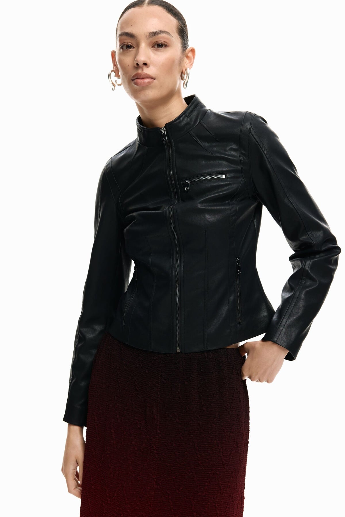 Desigual Jacket in leather-effect, fitted to the body, with Mao collar zip fastening