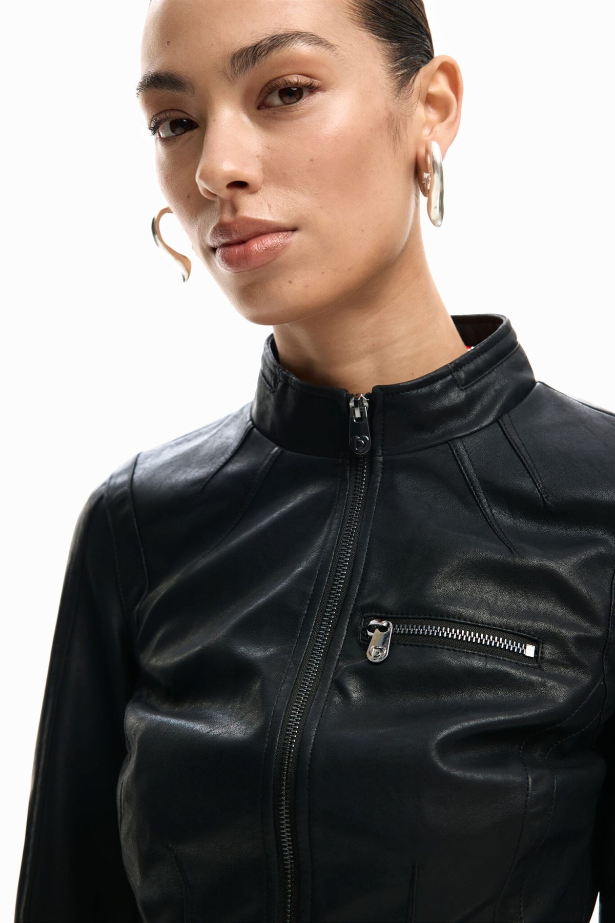 Desigual Jacket in leather-effect, fitted to the body, with Mao collar zip fastening