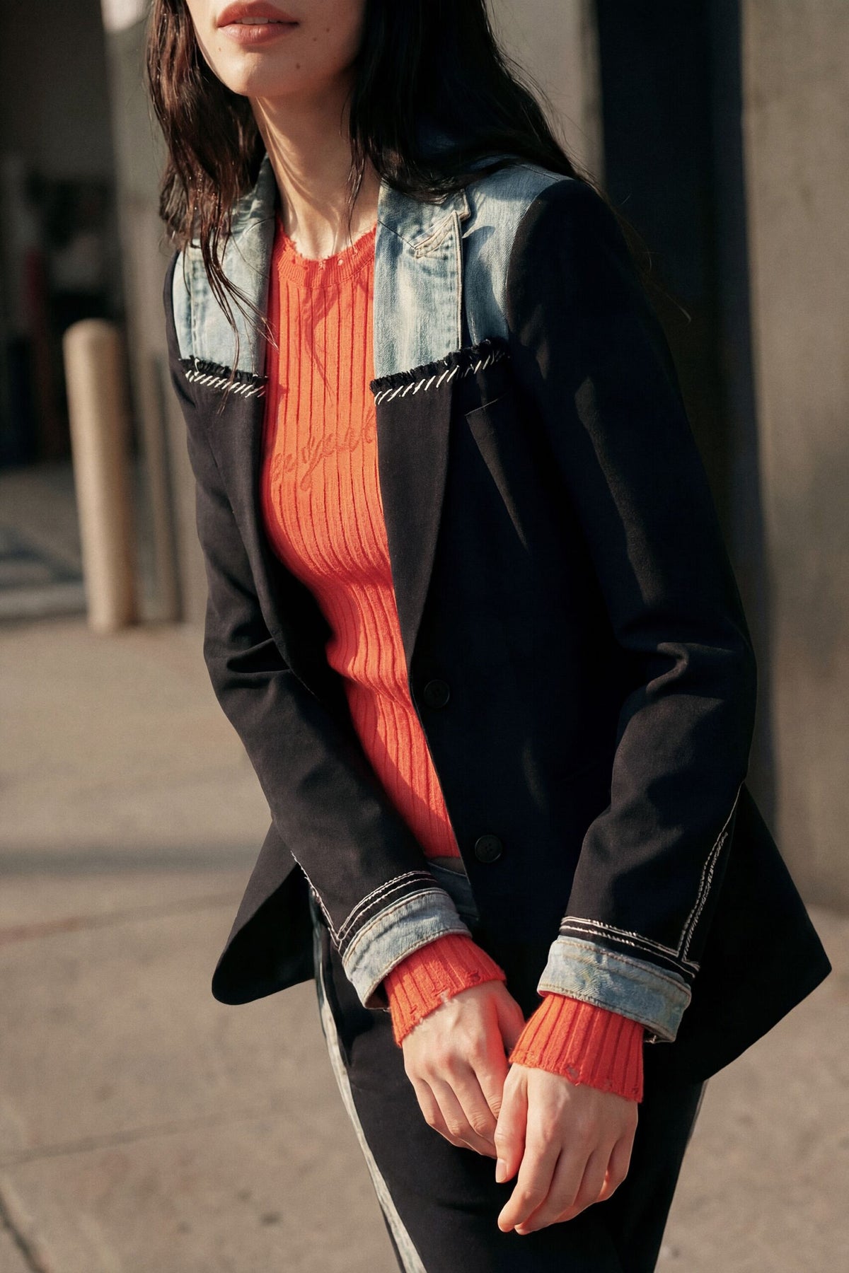 Desigual Blazer made of mixed fabrics with collar sleeve hems and upper part